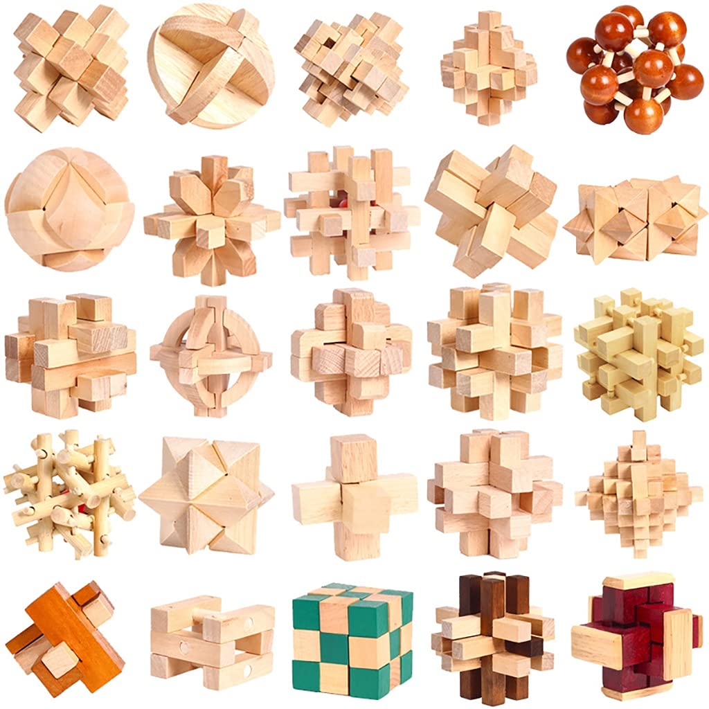 3D Luban Lock Wooden Brain Teaser Puzzle - Stress Relief Toy, Kongming Lock, Interlock Building Blocks for Kids & Adults (25pcs, Hemu Theaceae) - Perfect for Office Desk Decor, STEM Learning, and Family Game Night