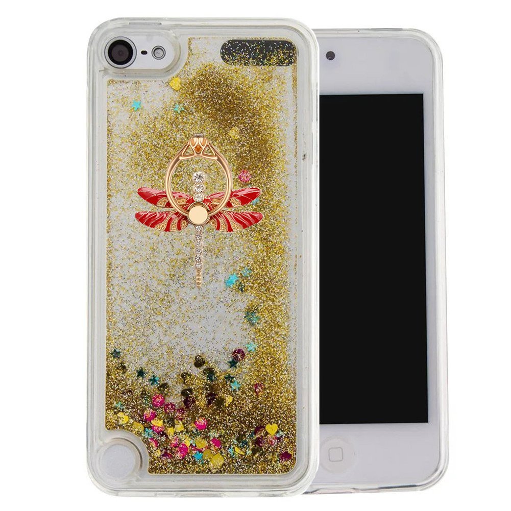Rotating Kickstand Glitter Quicksand Case for iPod Touch 6/5 - Sparkle Moving Stars Design, Soft Clear TPU Protective Cover (Dragonfly Gold) | Perfect for School, Travel & Everyday Use