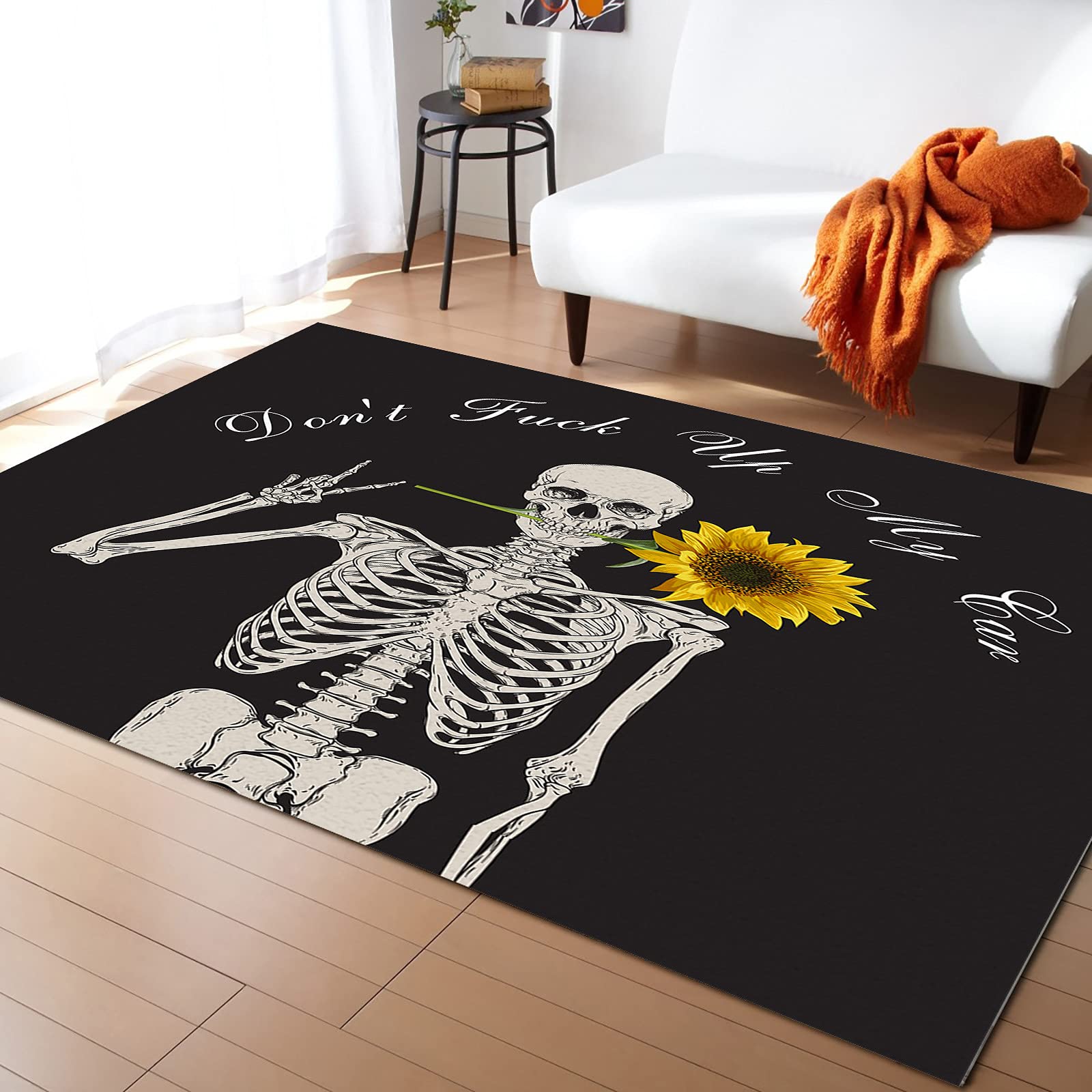 5x8ft Washable Non-Slip Indoor/Outdoor Rug - Skull Skeleton Design Accent Carpet for Bathroom, Bedroom, Kitchen & Front Door | Durable Floor Mat for High Traffic Areas, Pet-Friendly & Easy to Clean