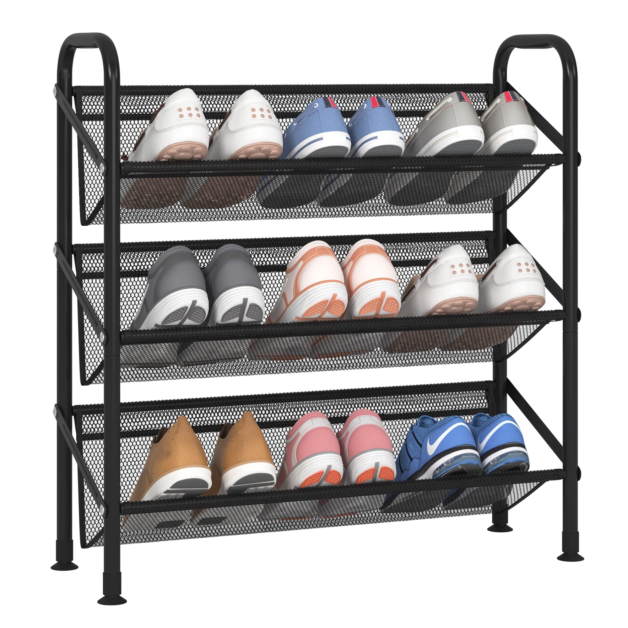 FKUO 3-Tier Narrow Metal Shoe Rack with Mesh Fabric - Space Saving Shoe Storage Organizer for Closet, Entryway, Hallway & Dorm Room - Perfect for Small Spaces & Apartment Living (Black)