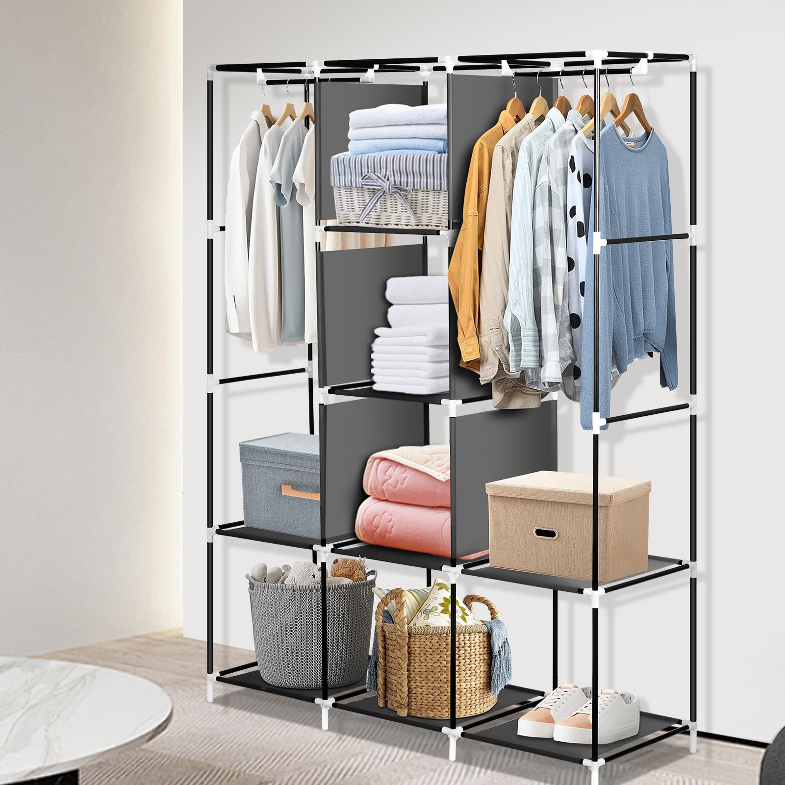 Portable Closet Organizer with 8 Shelves & 2 Hanging Rails - Non-Woven Fabric Wardrobe with Metal Frame (Black) | Space-Saving Clothes Storage for Bedroom, Dorm, Apartment & Travel