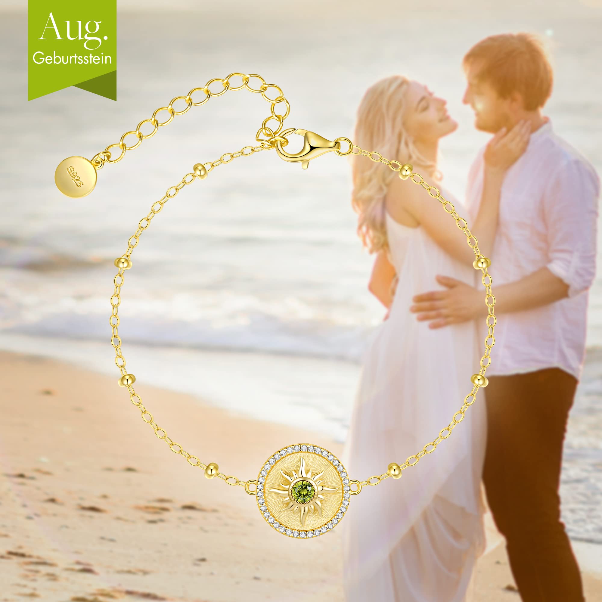 925 Sterling Silver Adjustable Sun Charm Bracelet for Women - 14K Gold Plated Link Bracelet | Birthday, Anniversary, Christmas Jewelry Gift for Her, Wife, Girlfriend, Daughter | Perfect for Beach Vacations, Summer Outfits & Boho Style Accessories