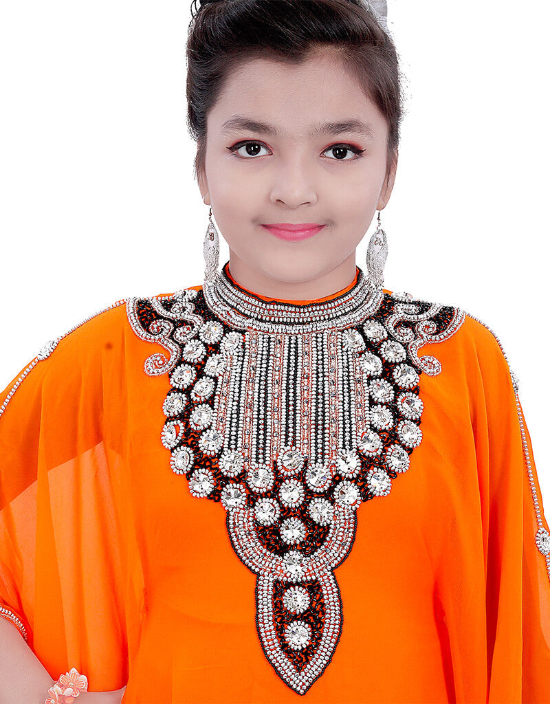 Arabic Orange Georgette Farasha Dress with Hand Zari Embroidery - Elegant Party Wear for Weddings & Special Occasions