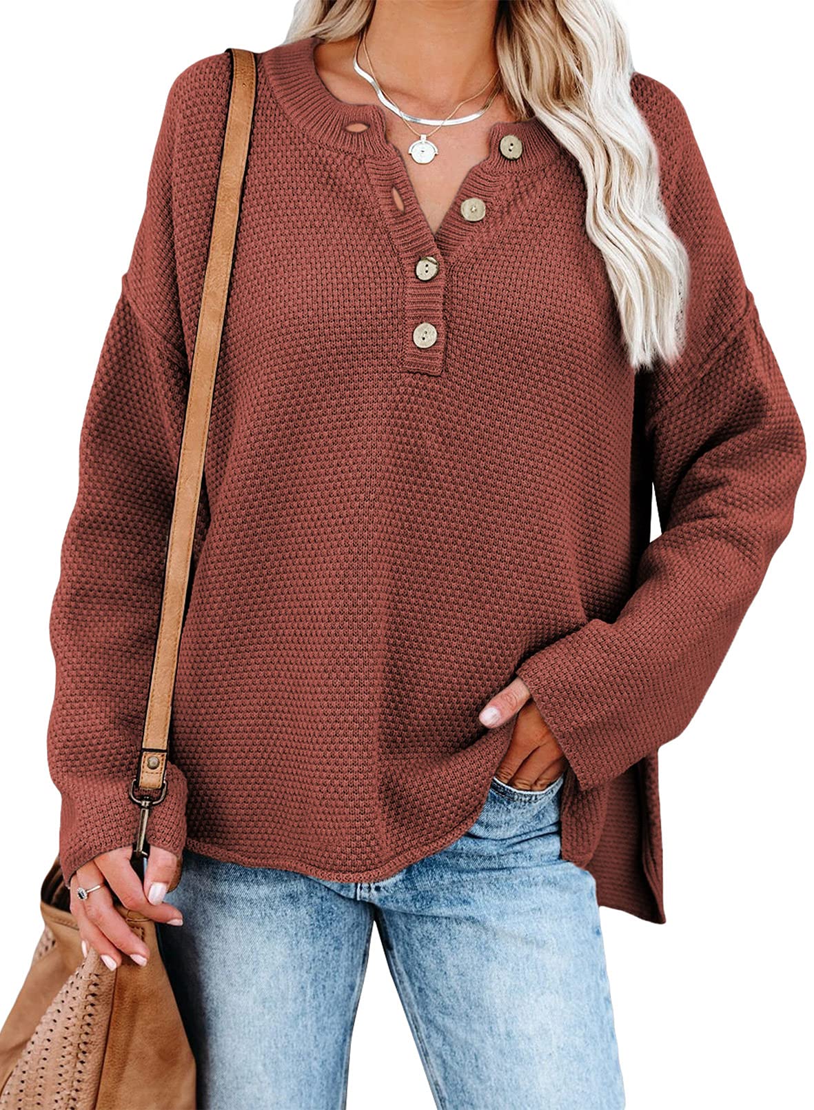SHEWIN Women's Waffle Knit V-Neck Sweater Long Sleeve Button Henley Pullover Top - Casual Loose Fit Side Slit Jumper for Fall Winter Layering & Office Wear