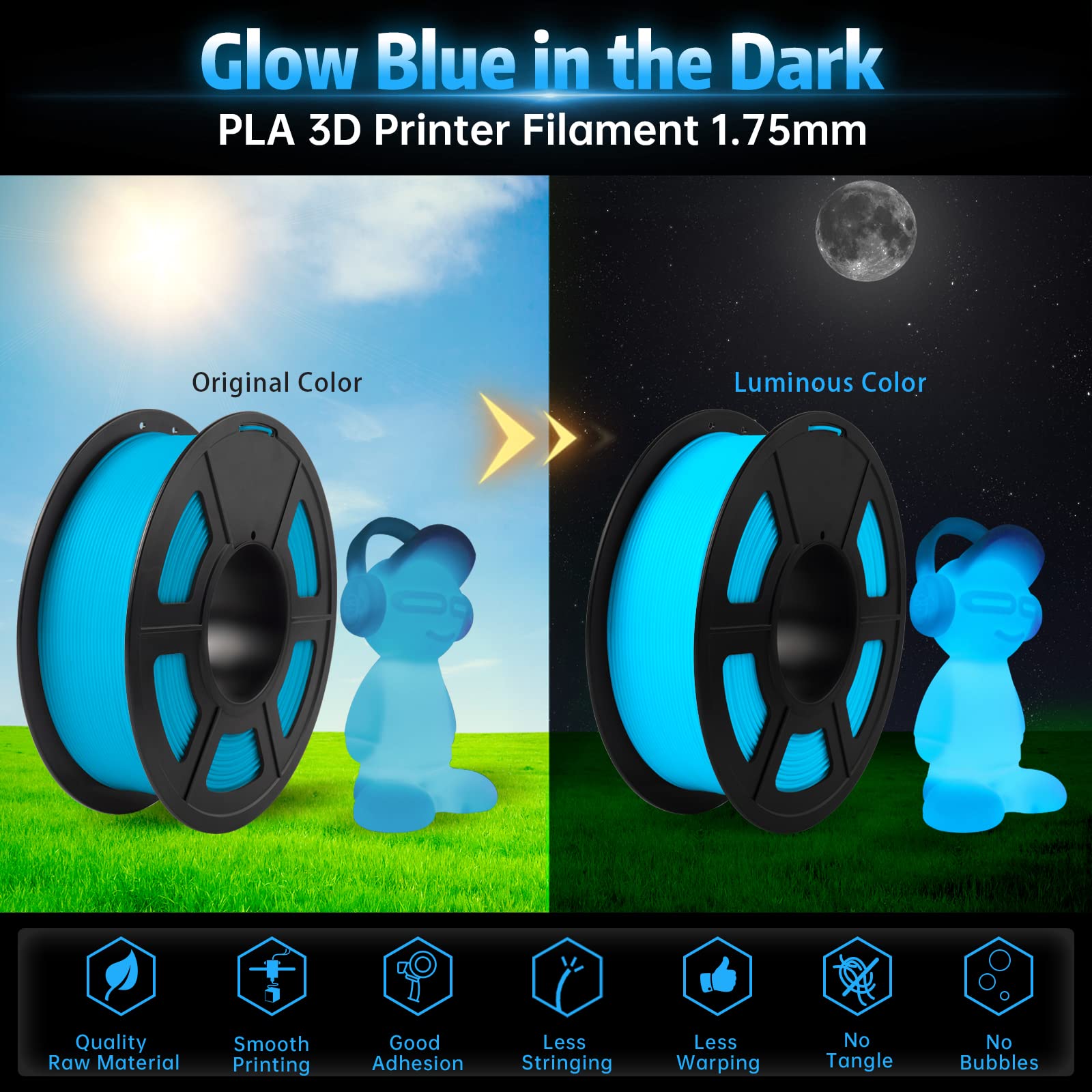 SUNLU Glow in The Dark PLA Filament 1.75mm - High Precision +/- 0.02mm, 1kg Spool (2.2lbs) - Glow Blue Luminous 3D Printer Filament for FDM Printers | Perfect for Nightlight Projects, Halloween Decorations & Creative DIY Models