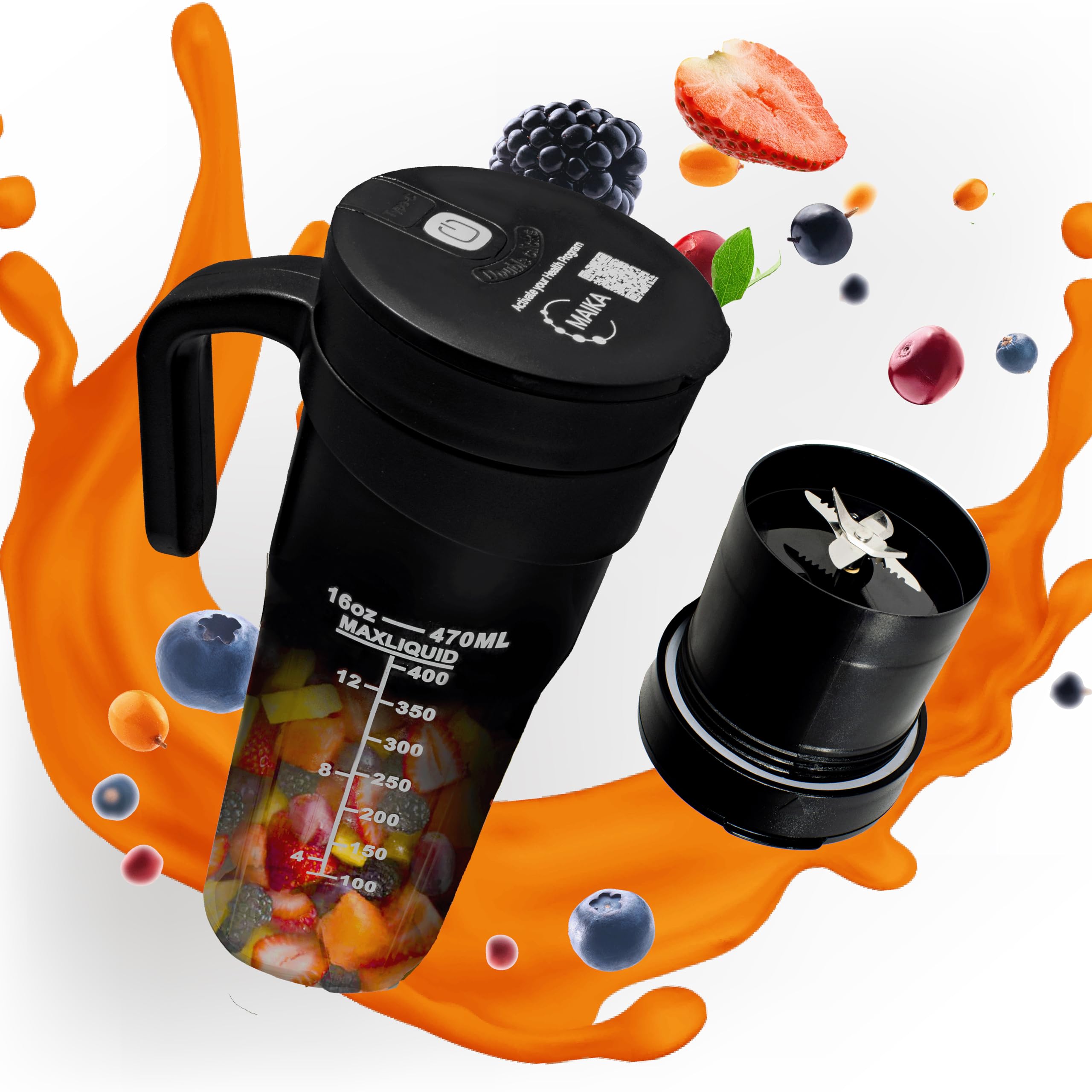 Maika - Portable USB Rechargeable Personal Blender with Type-C, Mini Smoothie Maker for Shakes, Juices & Protein Drinks | Travel, Gym & Home Use | Includes QR Code Health Program Access