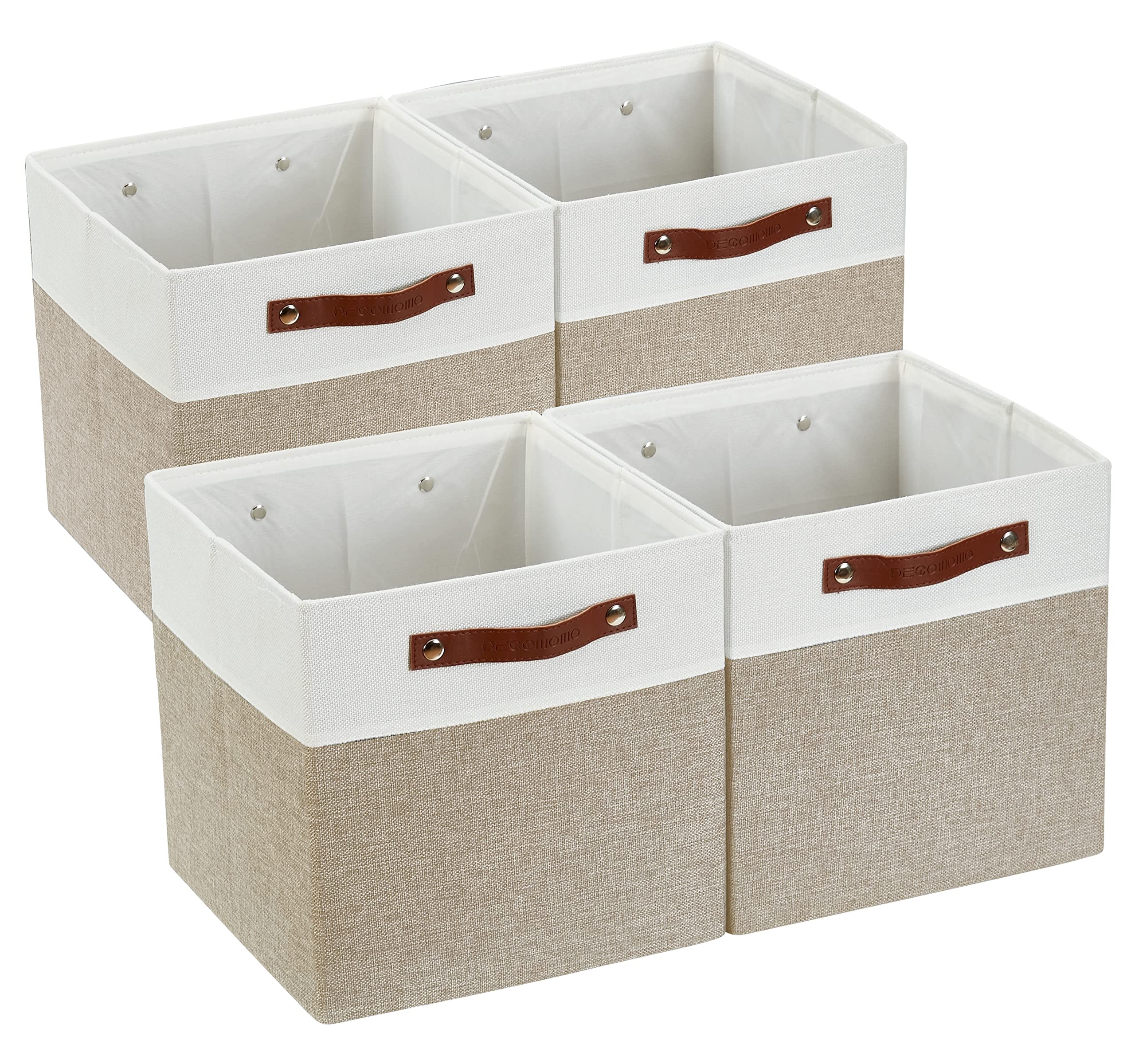 DECOMOMO 11 Inch Collapsible Cube Storage Bins with Handles - 4 Pack Beige & White Fabric Organizer Bins for Shelves, Closet, Nursery, Playroom - Perfect for Toys, Books, and Home Organization