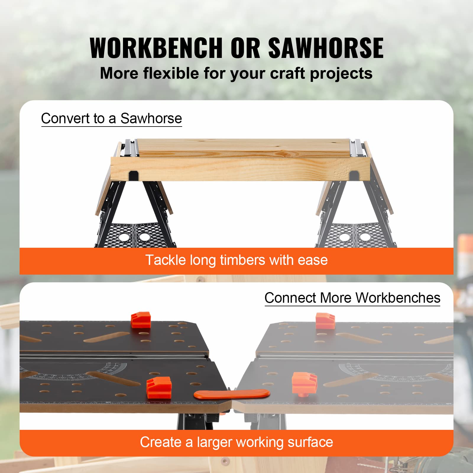 VEVOR Folding Work Table - Heavy Duty 1000 lbs Capacity Adjustable Workbench & Sawhorse, 7 Height Settings with Steel Legs, Portable Foldable Tool Stand Includes Wood Clamp, 4 Bench Dogs & 2 Hooks - Perfect for Woodworking, DIY Projects, Garage Storage and Job Site Use