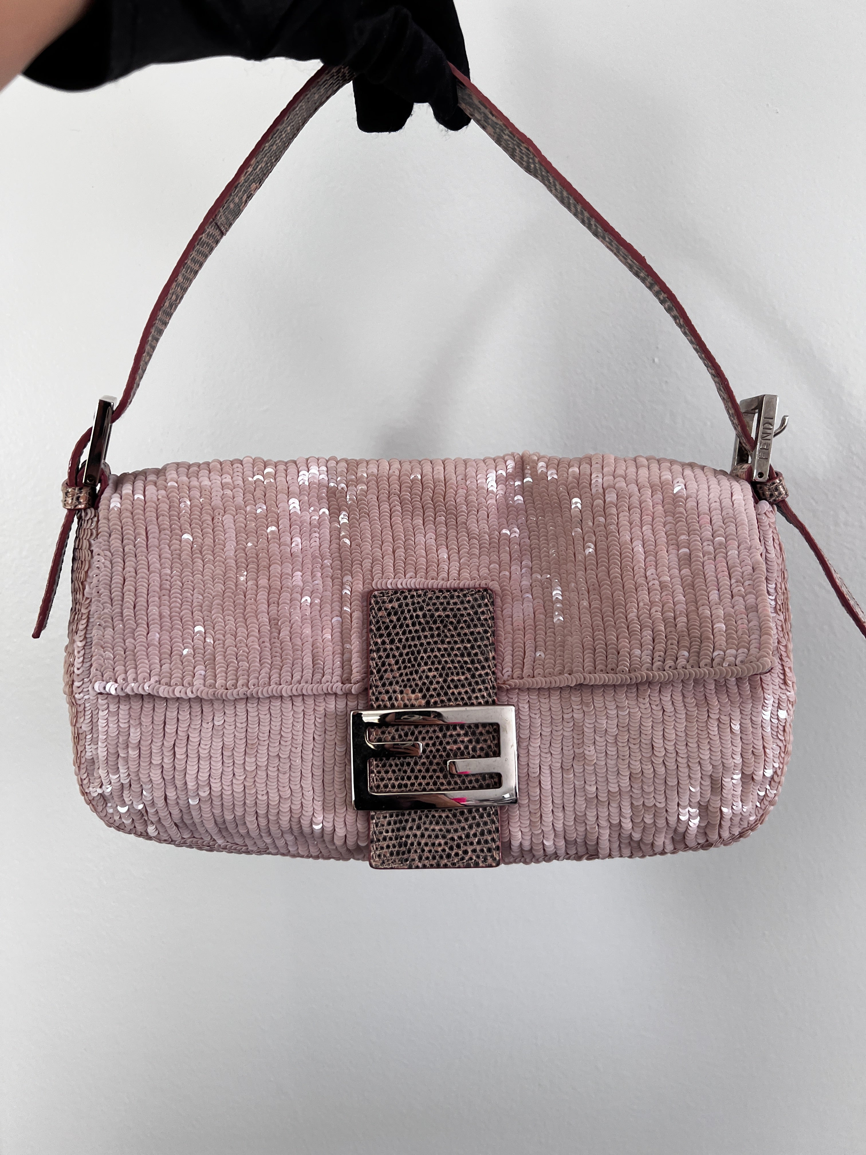 Vintage Fendi Sakura Pink Sequin Baguette Bag - Luxury Designer Shoulder Purse for Women, Perfect for Evening Parties & Special Occasions