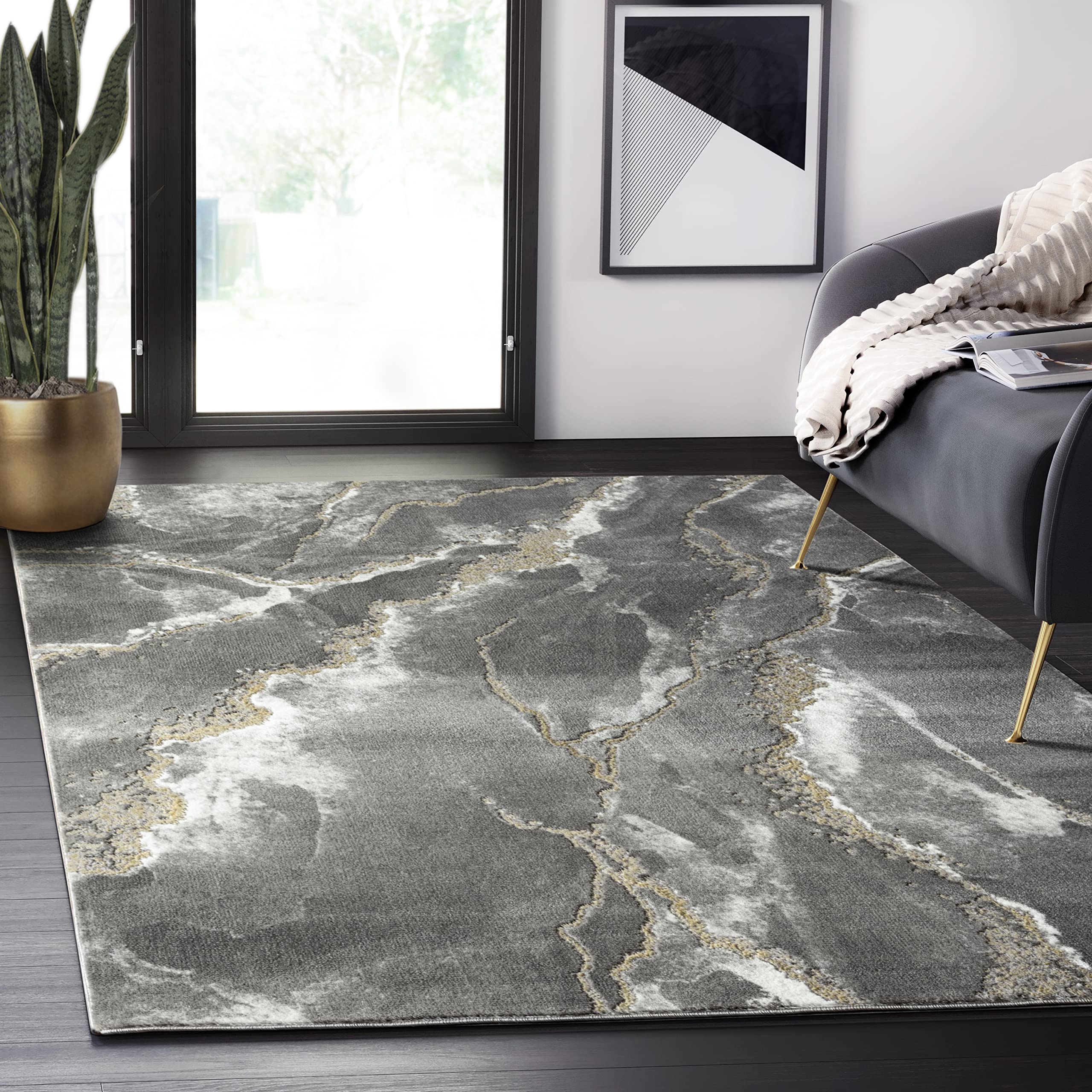 Abani Modern Black & Gold Marble Print Area Rug 8x10 Non-Shedding Contemporary Rug for Dining Room - Perfect for Living Room, Bedroom & Office Decor