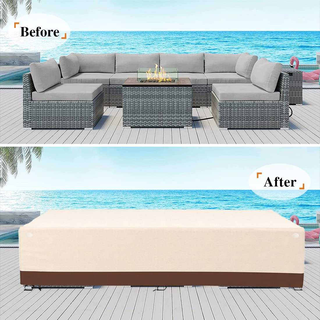 Tuyeho 126 x 64 x 28 Inch Heavy Duty Waterproof Patio Furniture Cover - Durable Oxford Fabric Outdoor Sectional Sofa Set Protector, Weather Resistant for All Seasons (Beige & Brown) - Perfect for Backyard, Deck, Garden & Poolside Furniture Protection
