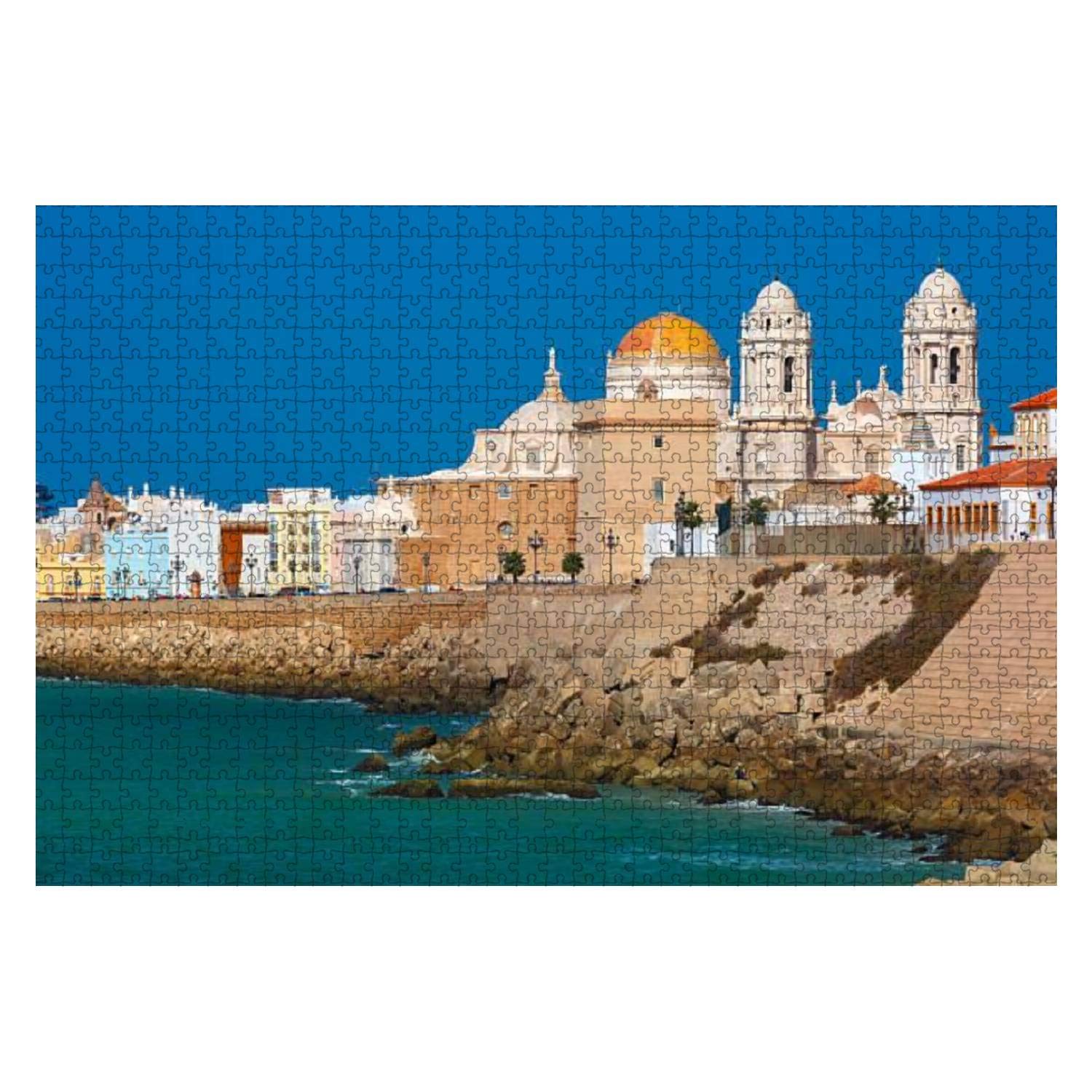1000-Piece Wooden Jigsaw Puzzle - Beach & Cathedral in Cadiz, Andalusia Spain | Beautiful Church Landscape Puzzle for Adults & Kids | Educational Brain Teaser & Stress Relief Game | Perfect for Family Bonding, Classroom Activities & Relaxation