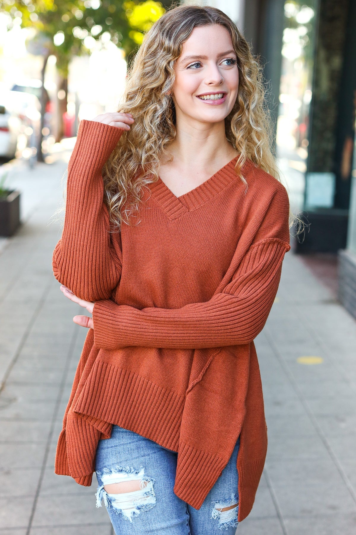 Stylish Rust Oversized V-Neck Rib Knit Sweater for Women | Cozy Fall & Winter Pullover | Perfect for Casual Outings, Date Nights & Office Wear