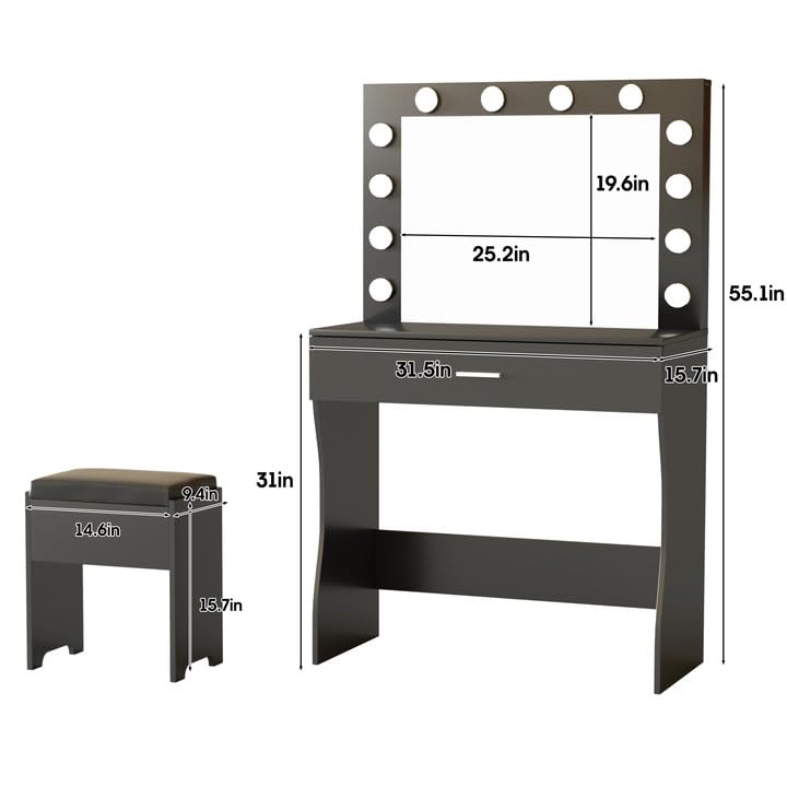 Vanity Desk with Mirror and Lights - Adjustable Brightness Makeup Vanity Table Set with Storage Drawer & Cushioned Chair - Perfect for Bedroom, Dressing Room & Beauty Salon (Black)