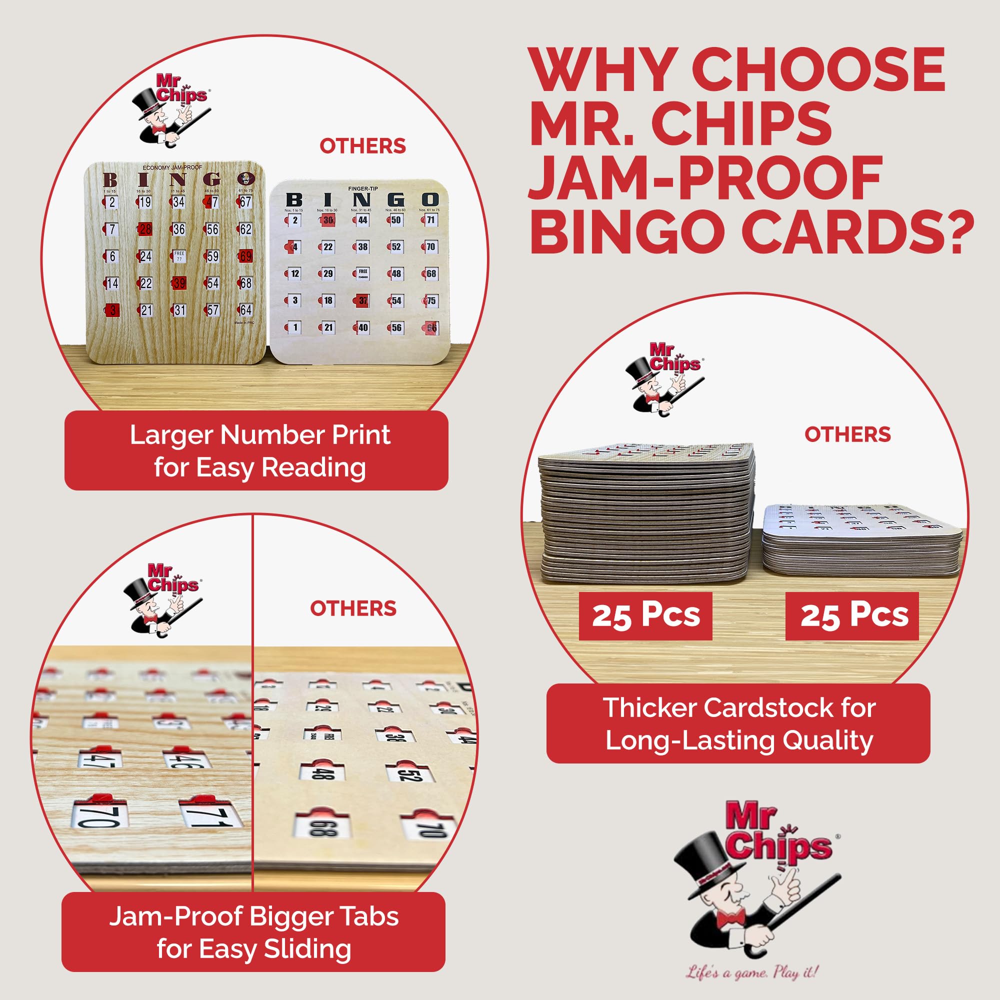 MR CHIPS Jam-Proof Fingertip Slide Bingo Cards with Sliding Windows - 200 Pack in Tan Style for Bingo Games, Casino Nights & Family Game Nights