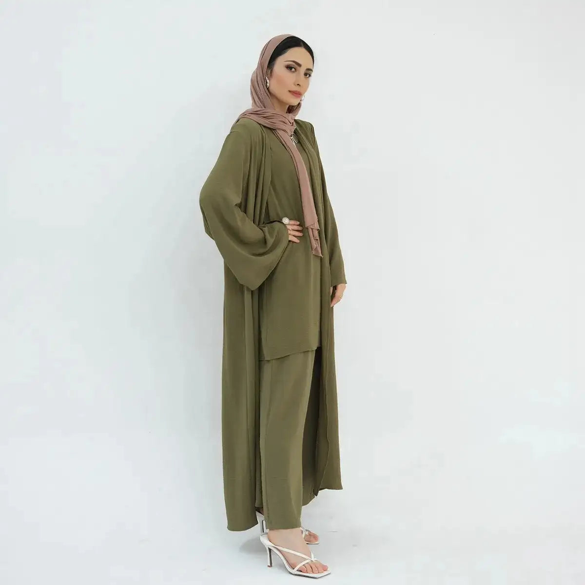 3-Piece Sleeveless Top & Pant Suit with Open Abaya Dress for Muslim Women - Modest Islamic Fashion for Prayer, Eid, Wedding & Special Occasions
