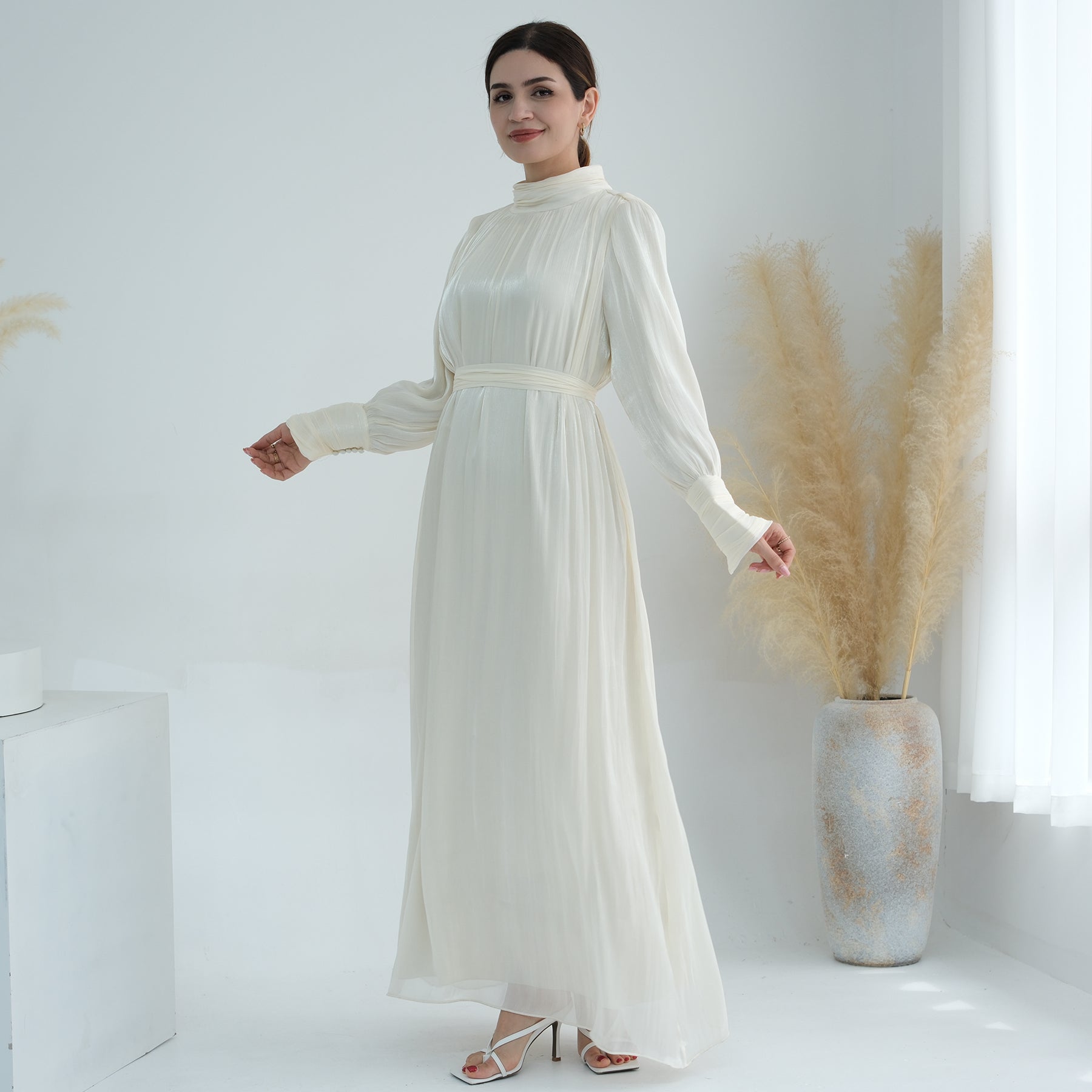 Indira Sparkles Long Sleeve Maxi Dress Ivory - Elegant Evening Gown for Women, Perfect for Weddings, Parties & Special Occasions