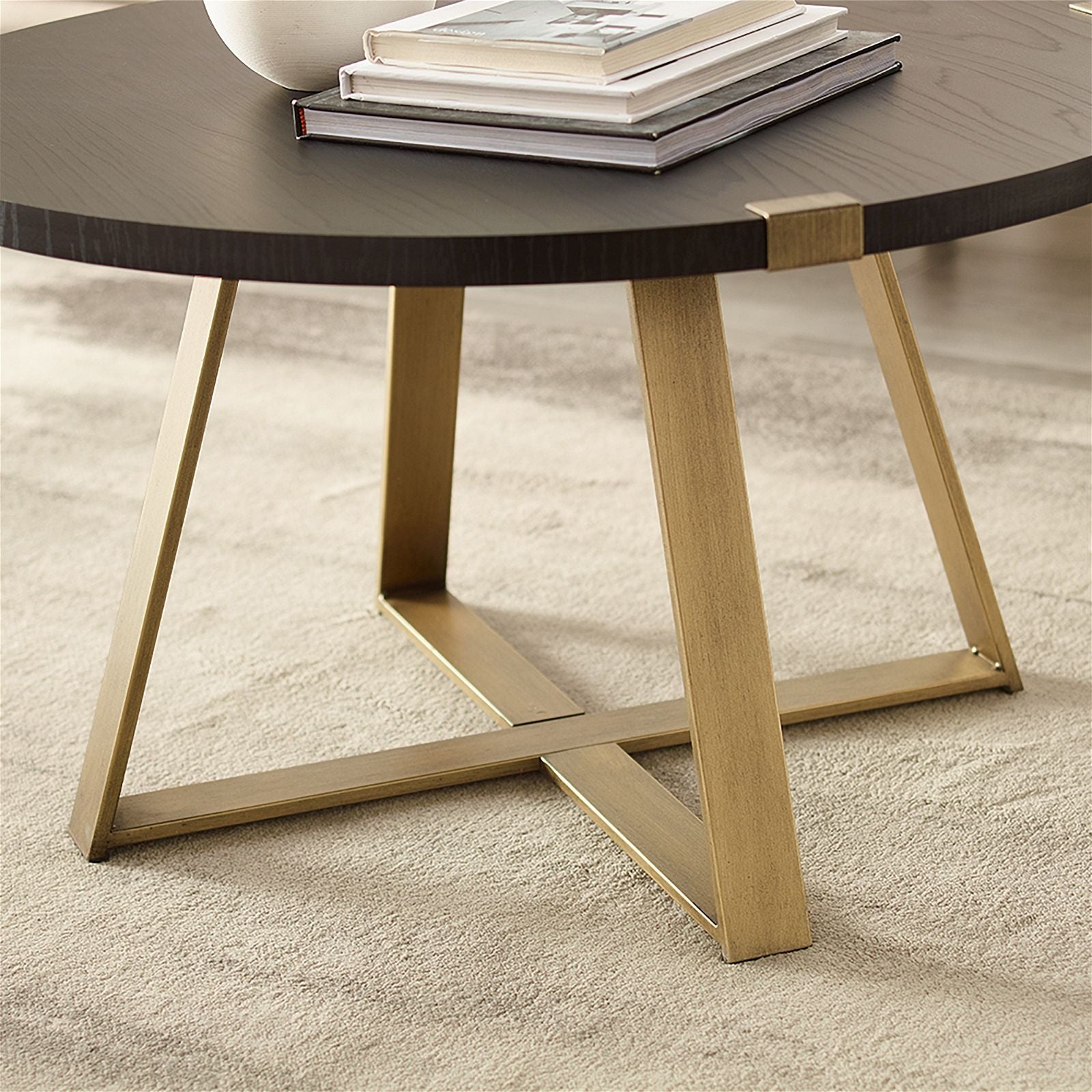 Modern Capri Round Coffee Table - Black Oak Finish with Gold Accents for Living Room, Lounge & Office Decor