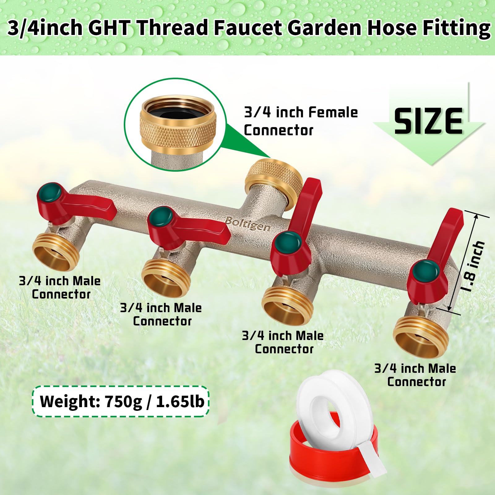 Boltigen 4-Way Brass Garden Hose Splitter with 4 On/Off Valves - 3/4