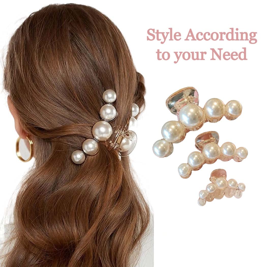 SSDN 3-Pack Pearl Stone Hair Clutchers + 22 Hair Ties + 10 Colorful Bobby Pins - Large Medium Small Hair Claws for Women & Girls | Perfect for Ponytails, Braids, and Everyday Hair Styling