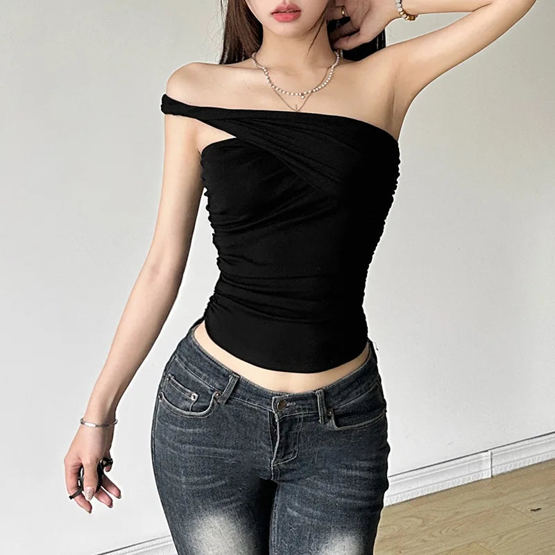 Y2K Asymmetrical Twisted One Shoulder Crop Top - Trendy White Streetwear for Women | Summer 2024 Fashion | Perfect for Concerts, Parties & Night Out