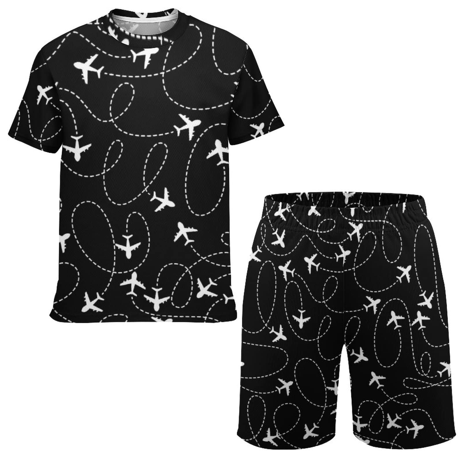 Boys' Airplane Print Swim Trunks & Short Sleeve T-Shirt Set - White & Black Teen Swimwear for Beach, Pool & Summer Vacation