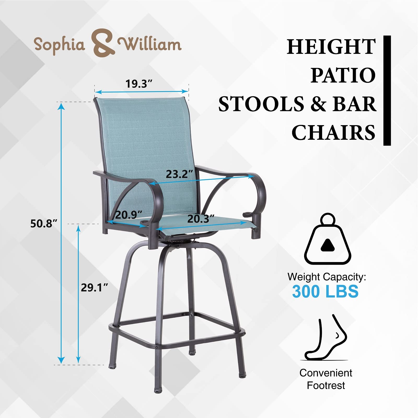 Sophia & William Outdoor Bar Stools Set of 2 - Swivel Bar Chairs with 300 lbs Weight Capacity, Tall Patio Chairs for Deck, Poolside or Backyard, Baby-Blue Fabric High Top Chairs - Perfect for Outdoor Dining, Entertaining or Relaxing