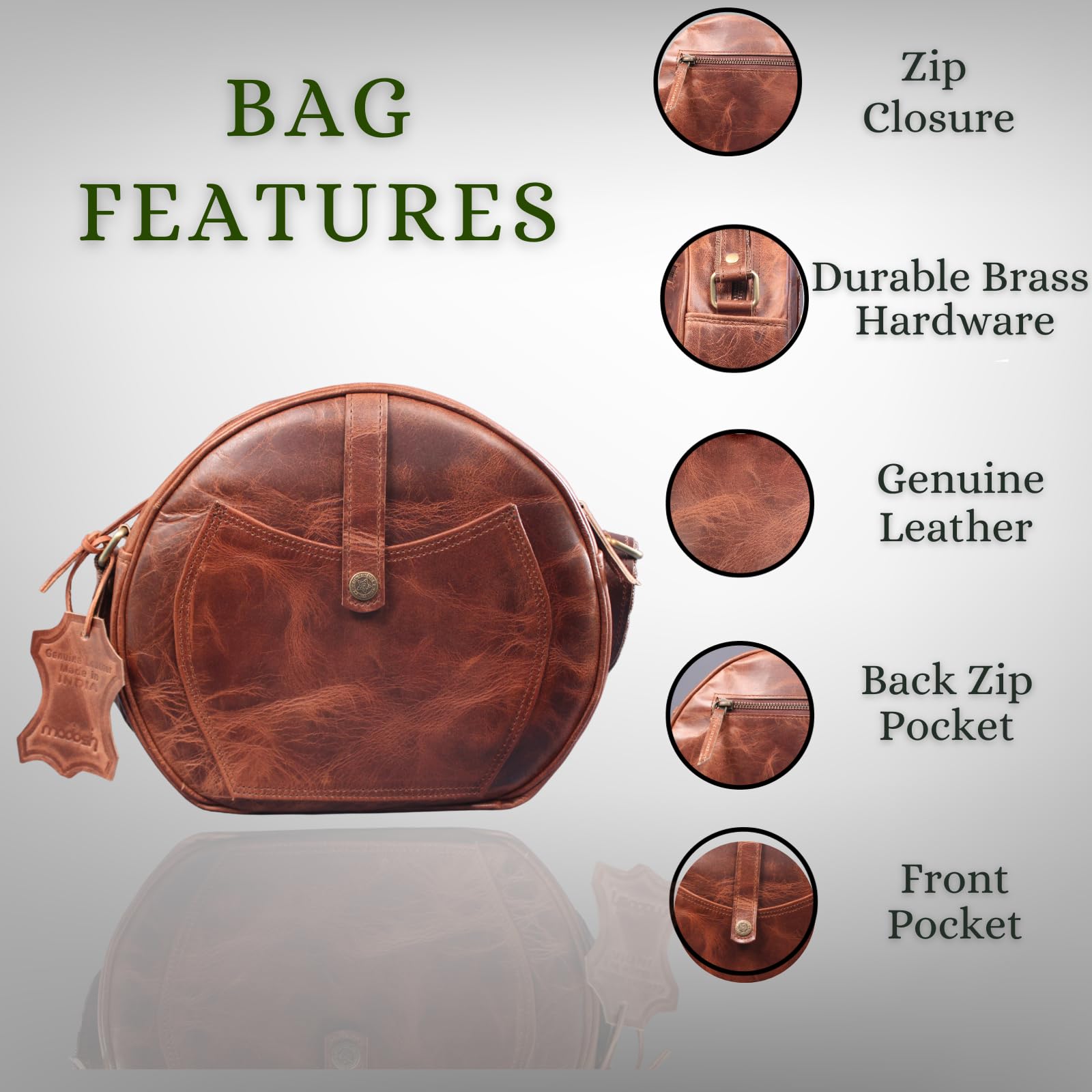 Genuine Leather Crossbody Bag for Women - Madosh Round Sling Purse with Adjustable Strap, Perfect for Travel, Shopping & Everyday Use