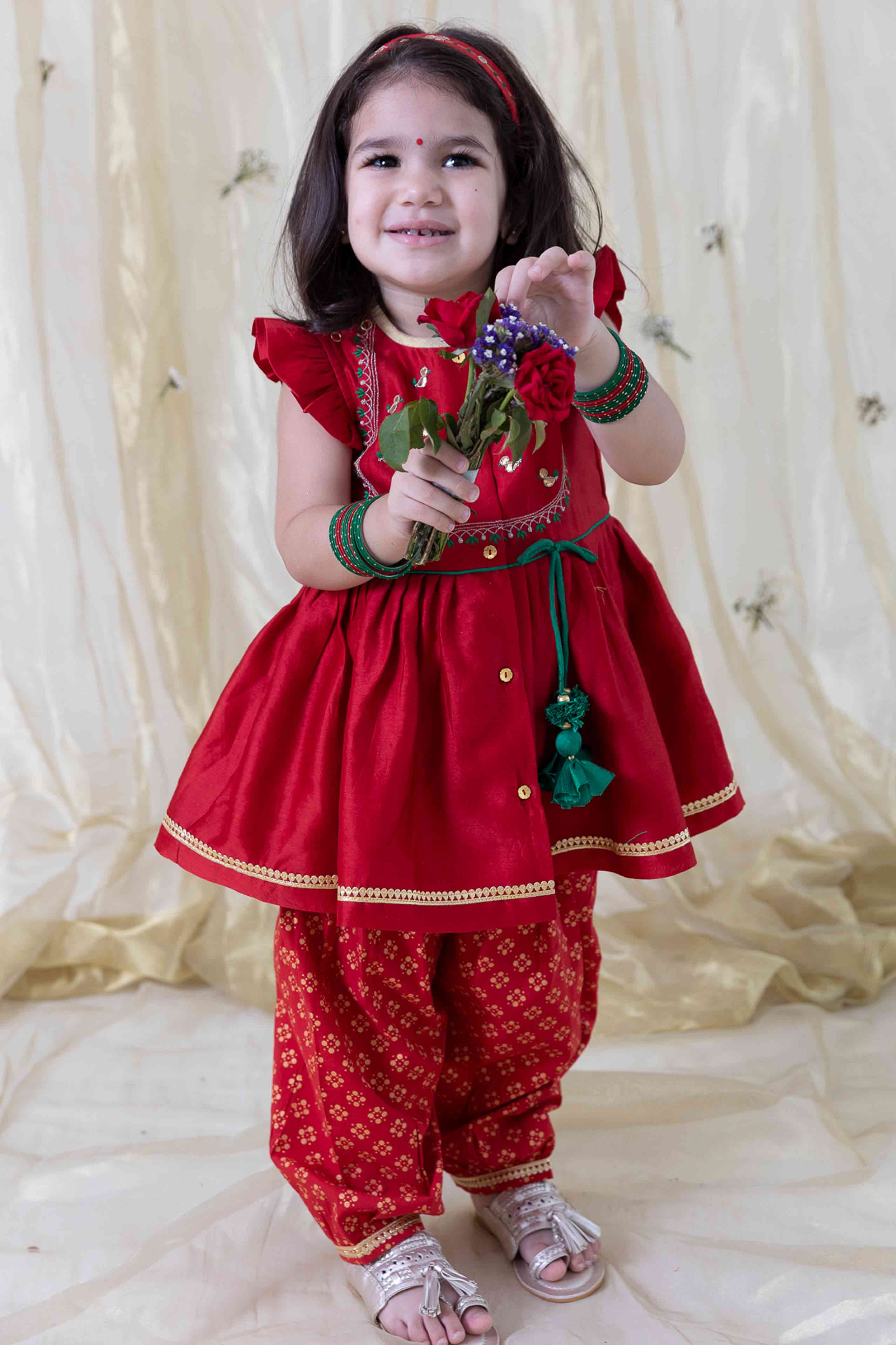 Baby Girl Chanderi Silk Ruffle Sleeves Angrakha Set in Red - Traditional Indian Ethnic Outfit for Festivals, Weddings & Special Occasions