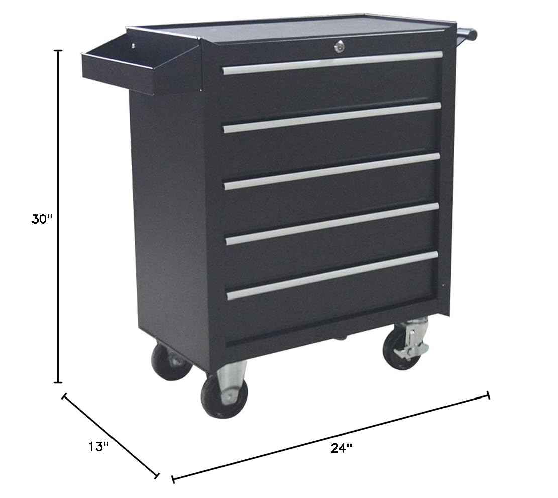 TECHTONGDA 5-Drawer Rolling Tool Cart - Black Lockable Storage Organizer with Wheels for Garage, Workshop & Home DIY | Heavy-Duty Mobile Tool Chest for Mechanics & Craftsmen