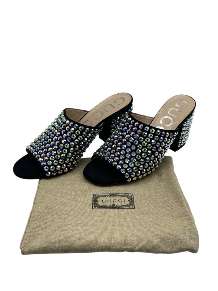 Gucci Embellished Suede Mules for Women - Size 37.5 (US 7.5) | Luxury Slip-On Loafers with Rhinestone Details - Perfect for Casual Outings, Office Wear & Special Occasions