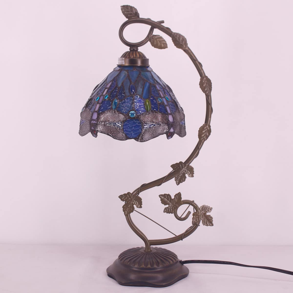WERFACTORY Tiffany Style Dragonfly Table Lamp - Blue Stained Glass with Metal Leaf Design, 8x10x21 Inches - Perfect for Bedroom, Home Office & Small Space Decor | Reading Light & Ambient Lighting for Cozy Atmosphere (S631 Series)