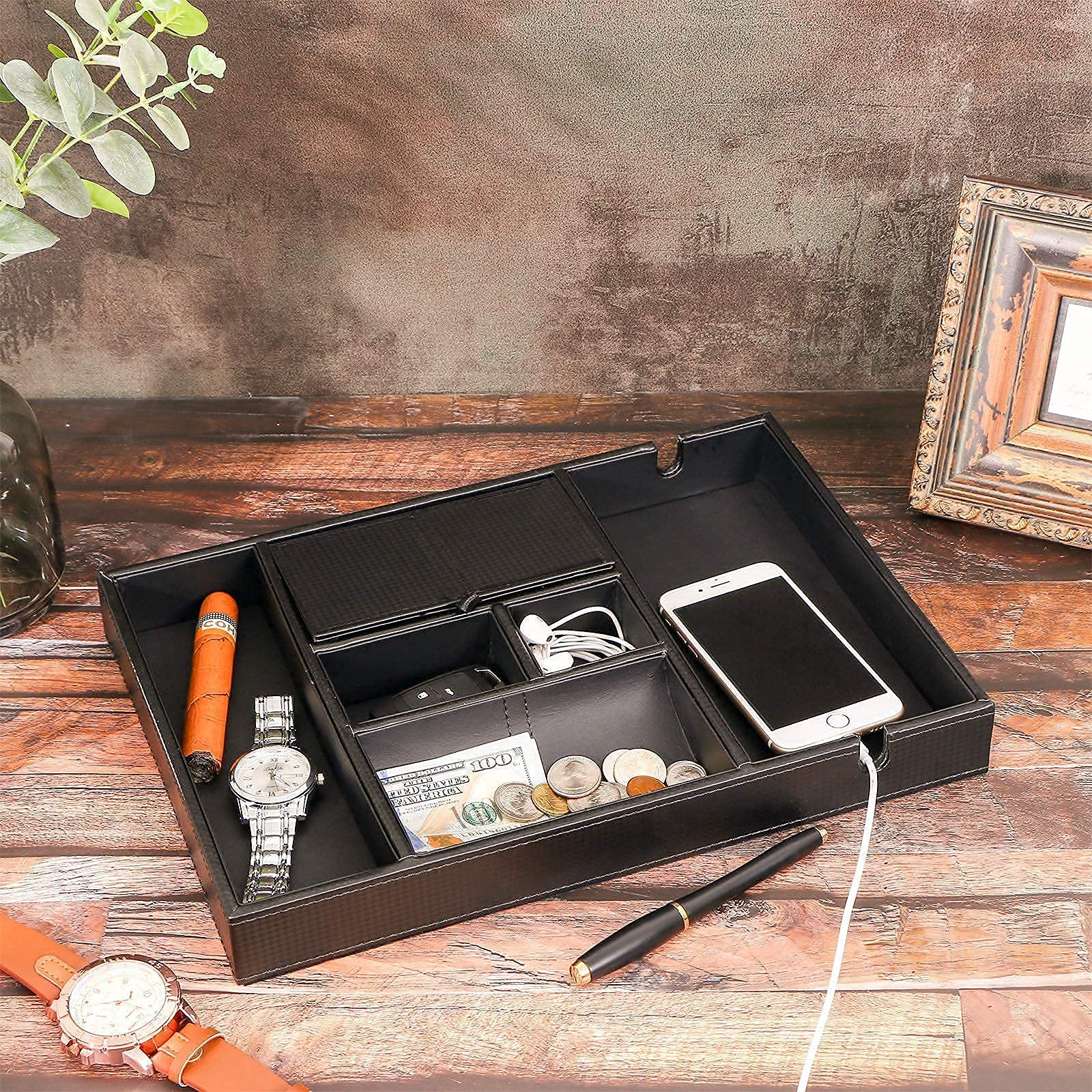 BEWISHOME 20 Slot Watch Box for Men with Valet Tray - Luxury Leather Watch Case Organizer & Dresser Valet Tray Set - Perfect for Nightstand, Dresser, and Travel Storage