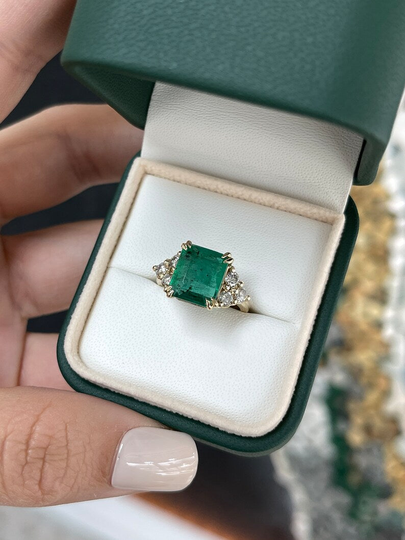 5.22tcw 14K Gold Freckled Emerald Cut Diamond Three Stone Engagement Ring for Women - Perfect for Proposals, Anniversaries & Bridal Jewelry