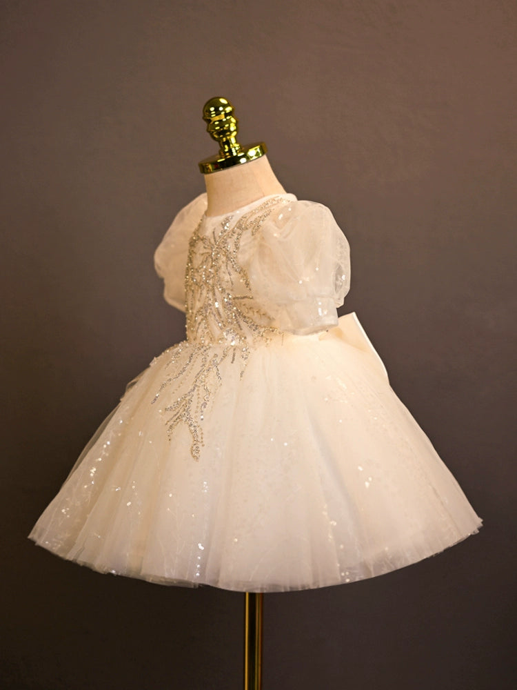 White Princess Round Tea Length Tulle Flower Girl Dress - Perfect for Weddings, Birthday Parties & Special Occasions