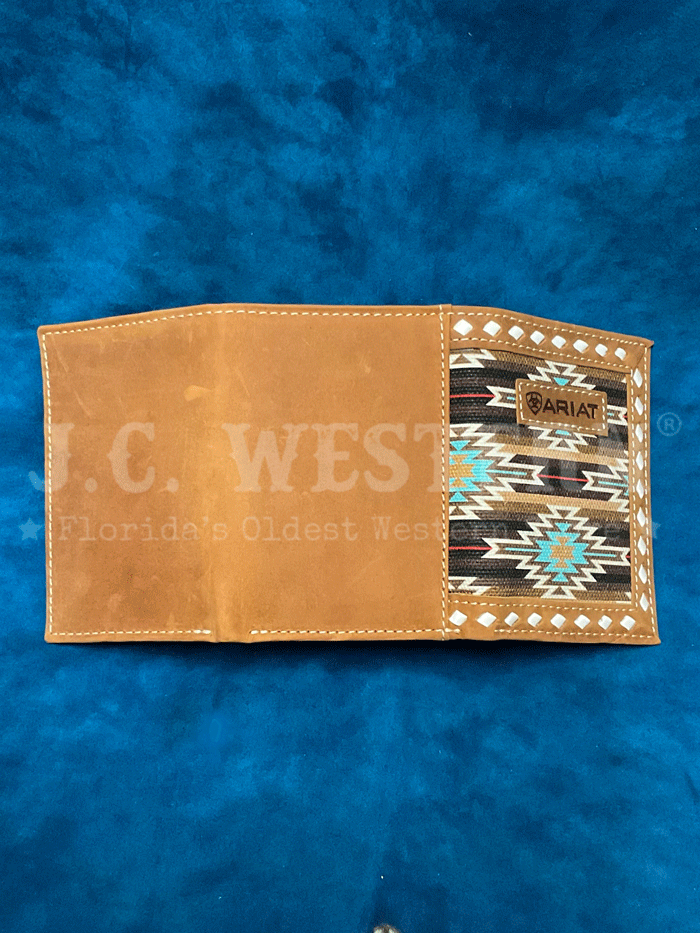 Ariat A3559202 Men's Southwestern Diamond Lacing Trifold Leather Wallet - Brown Cowhide Bifold Wallet for Men - Perfect for Everyday Carry, Travel & Western Style Fashion