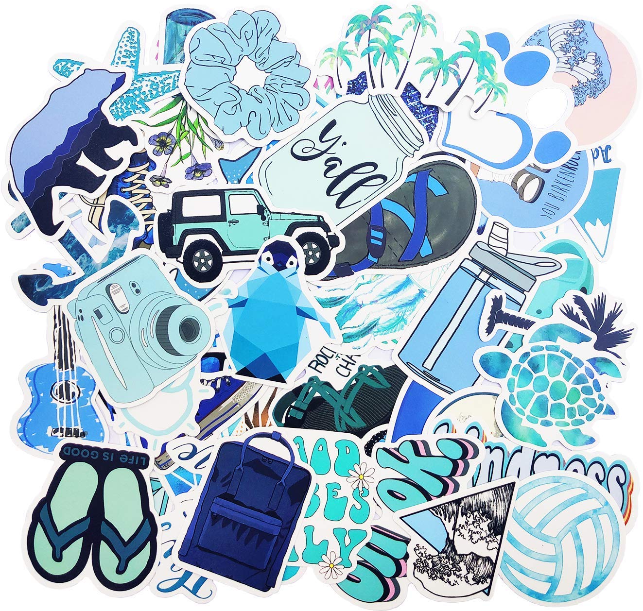 Trendy Blue Stickers for Water Bottles, Laptops, Hydroflasks, Phones, Cars & Skateboards - 50pcs Tropical Beach Design with Turtle, Pineapple & Coconut Tree - Perfect for Teens, DIY Decoration & Personalizing Accessories
