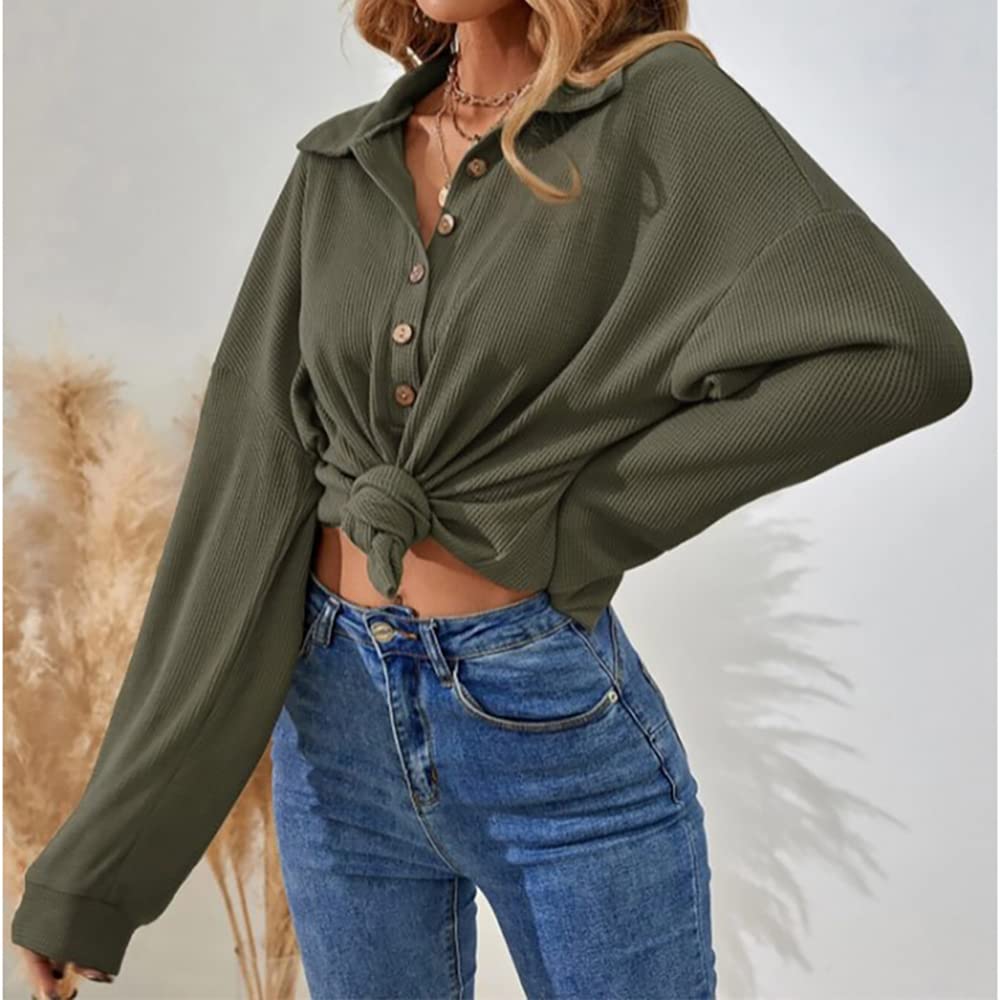 Janepam Women's Waffle Knit Pullover Sweater - Half Button Batwing Sleeve, Turndown Collar Loose Jumper | Casual Wear, Office Outfit, Fall & Winter Fashion