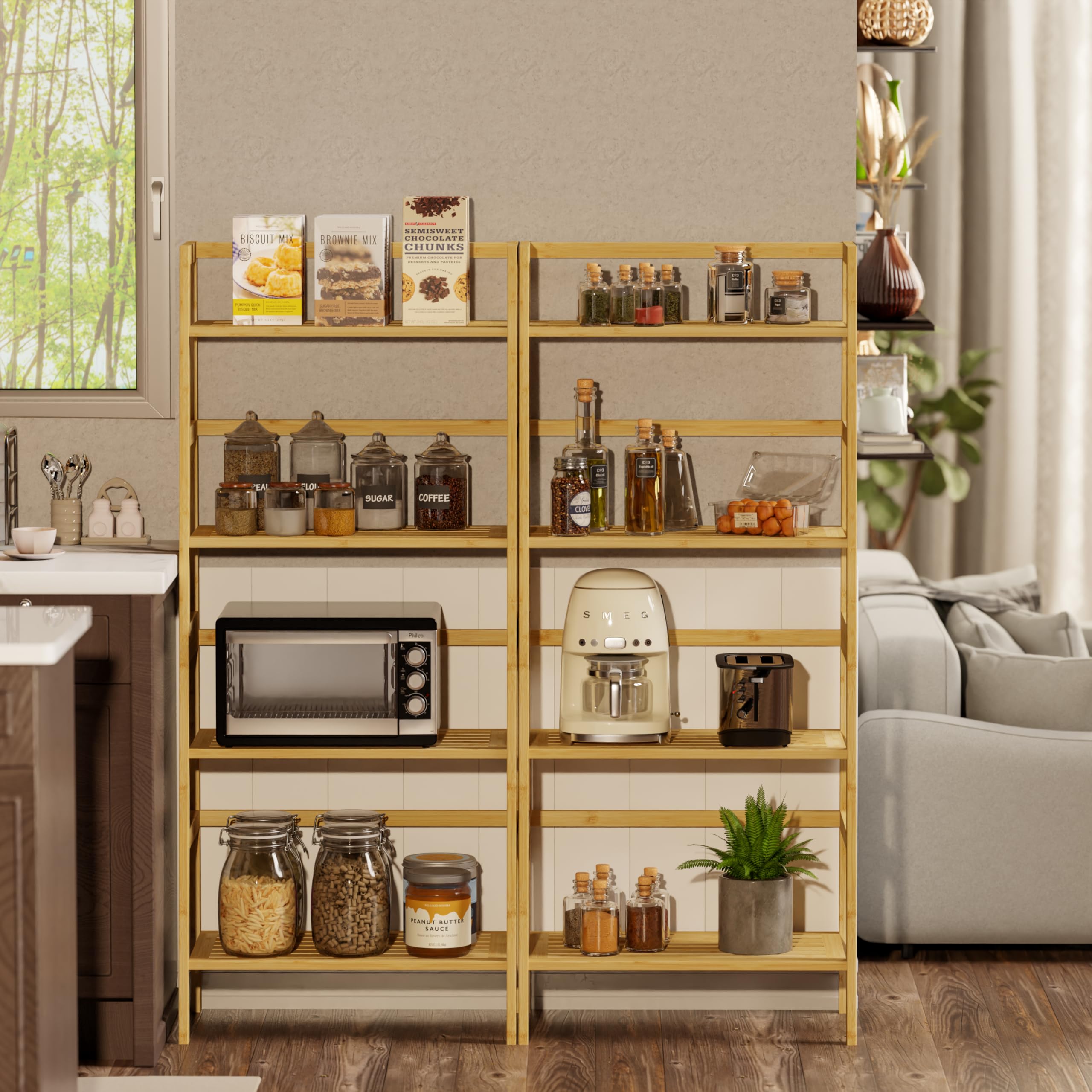 HITNET 4-Tier Bamboo Ladder Shelf - Leaning Bookcase & Storage Organizer for Books, Plants & Home Decor | Freestanding Display Rack for Living Room, Office, Kitchen | Natural Wood Finish | Space-Saving Home & Office Storage Solution