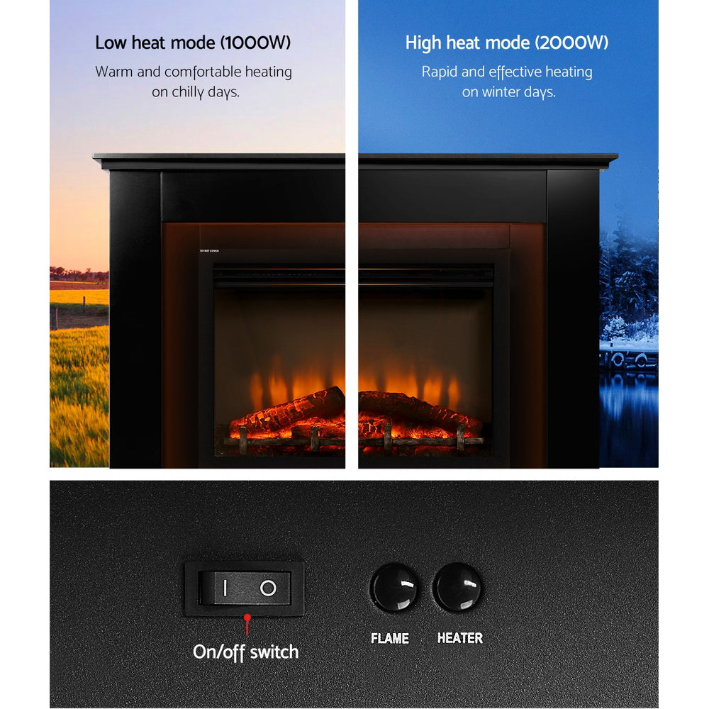 2000W Portable Electric Fireplace Heater with 3D Flame Effect - Black Mantel for Home, Office & Bedroom - Realistic Wood Log Design for Cozy Winter Nights