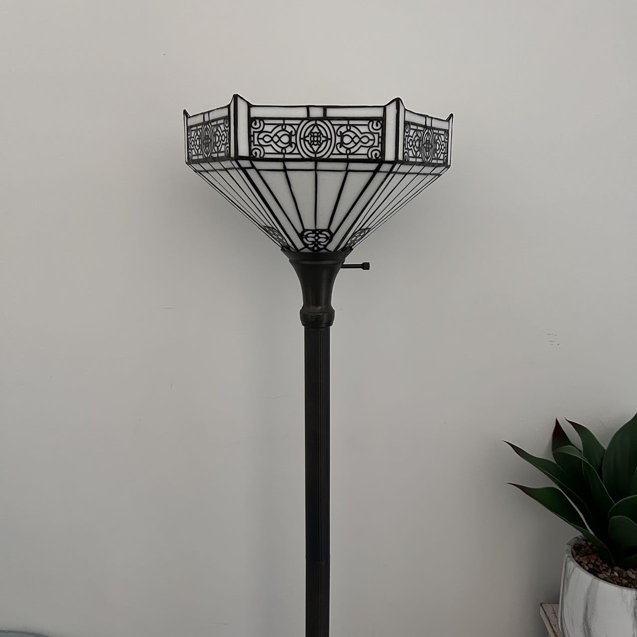 Tiffany Torch Floor Lamp - White Stained Glass Hexagon Mission Style - 12