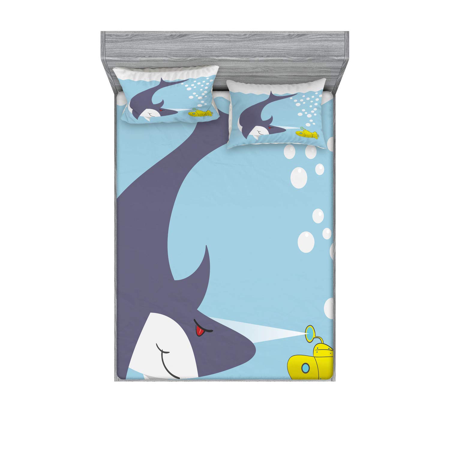 Ambesonne Yellow Submarine Fitted Sheet & Pillow Sham Set - Shark & Vessel Ocean Bubbles Underwater Theme Cartoon Animal Print 3-Piece King Size Bedding Set in Blue Grey Yellow | Nautical Kids Room Decor, Beach House Bedroom Design