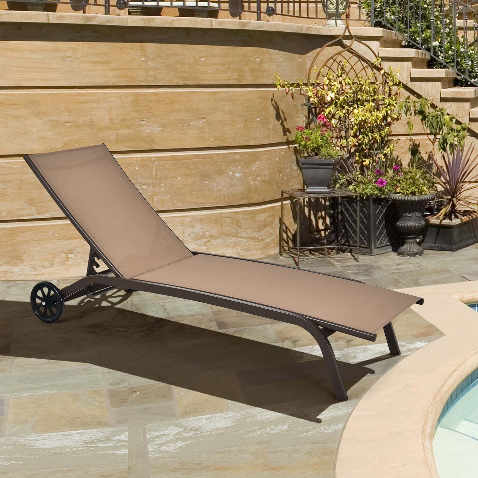 Tangkula Outdoor Chaise Lounge Chair - 6-Position Adjustable Patio Recliner with Breathable Fabric & Smooth Wheels - Brown (Set of 2) - Perfect for Poolside, Backyard, Garden Relaxation & Sunbathing