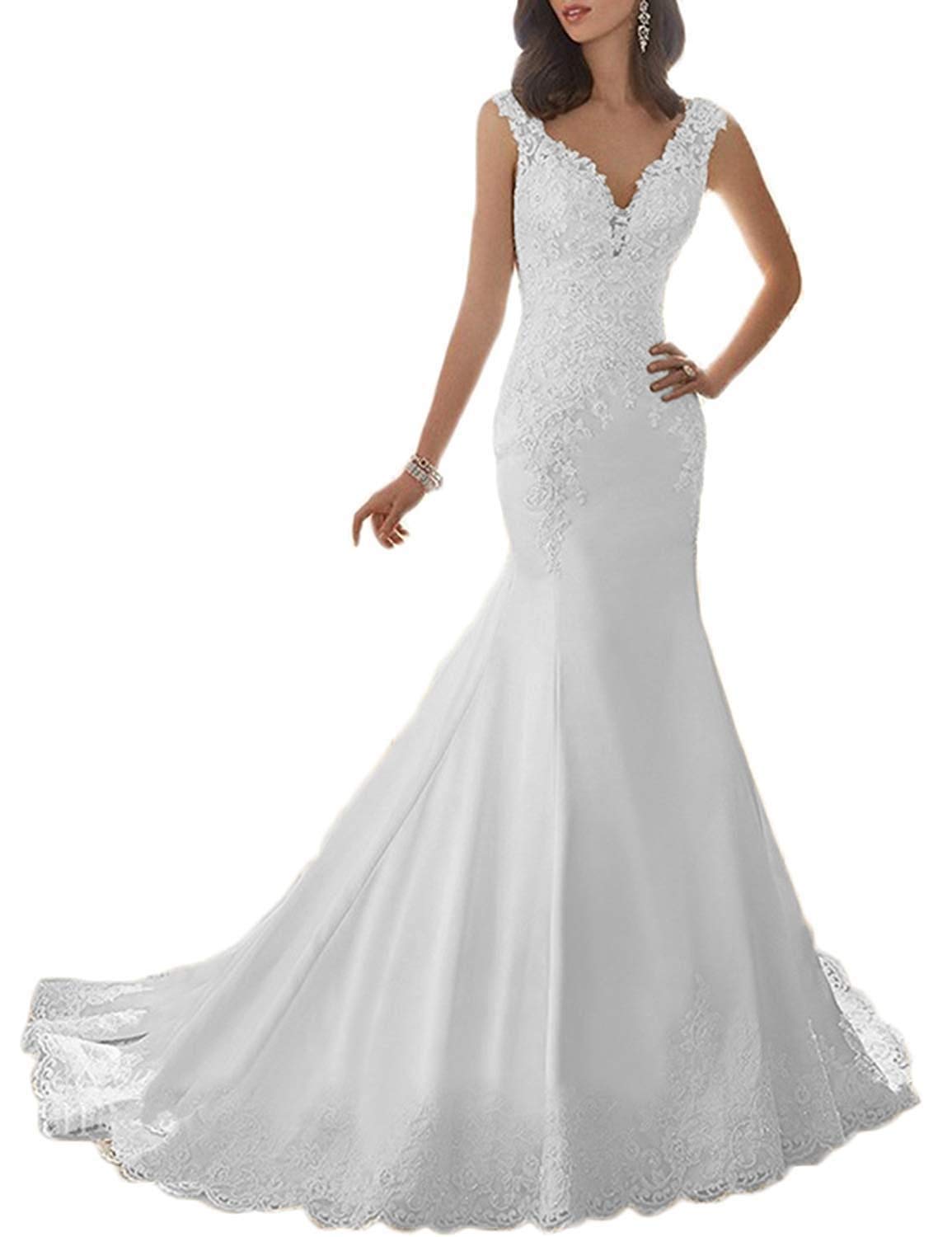 BeautBoy Women's Mermaid Satin Wedding Dress with Lace Appliques & Train - Elegant Bridal Gown for Beach Weddings, Church Ceremonies & Formal Events