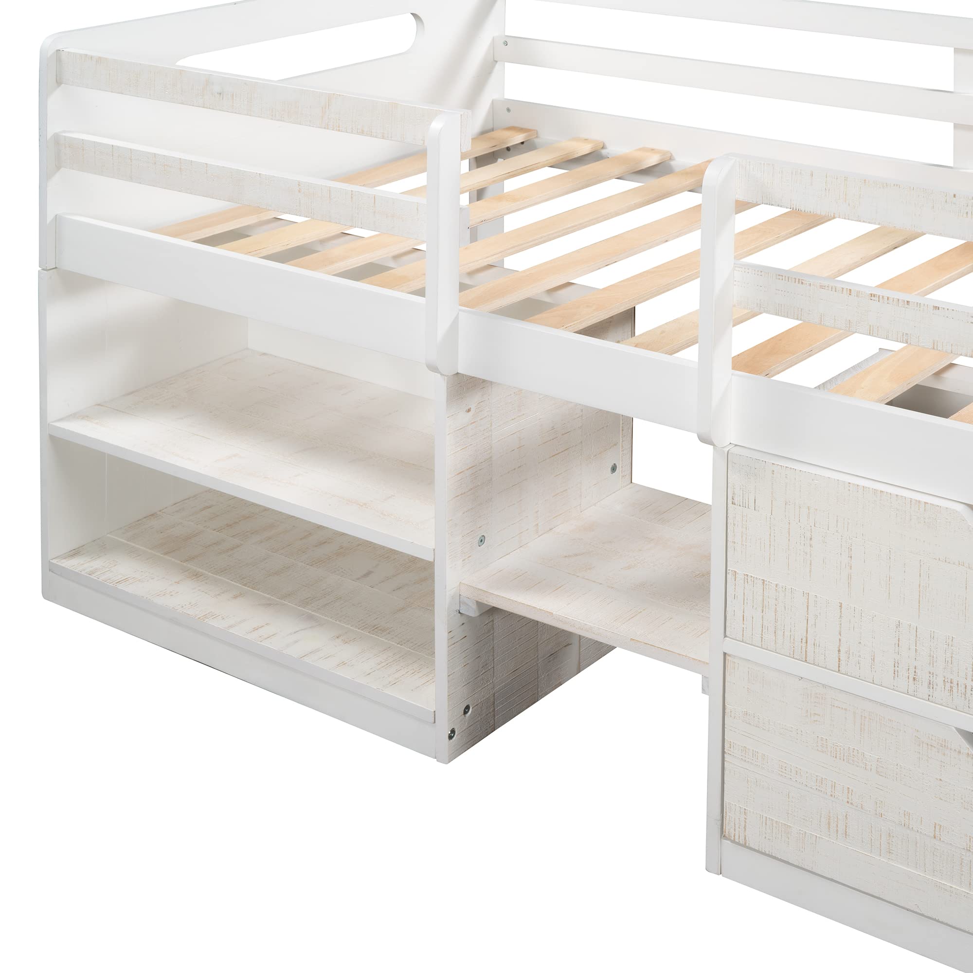 Harper & Bright Designs Twin Loft Bed with Storage Drawers & Shelves - Wooden Low Loft Bed for Kids & Teens - No Box Spring Needed - Antique White - Perfect for Small Bedrooms, Dorm Rooms & Space-Saving Kids' Rooms