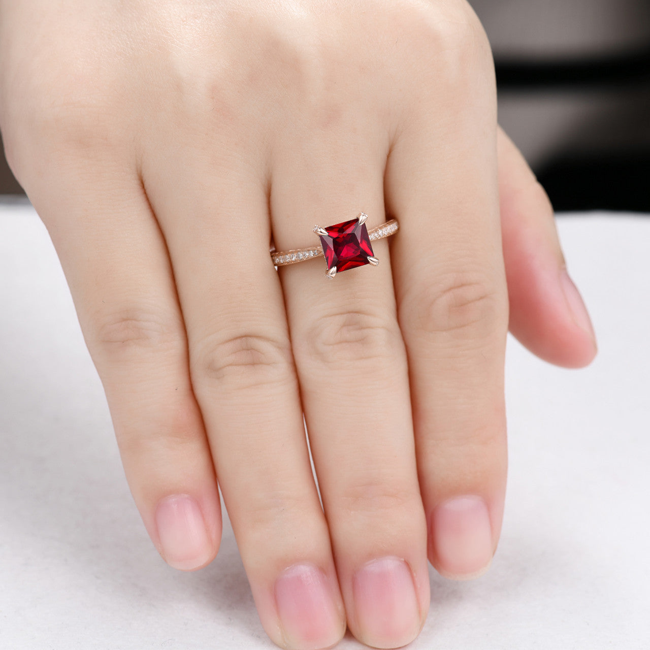 7mm Princess Cut Natural Garnet Engagement Ring - Tapered Pave Cathedral Setting, Solitaire Red Garnet Wedding Band | Perfect for Proposals, Anniversaries & Romantic Gifts