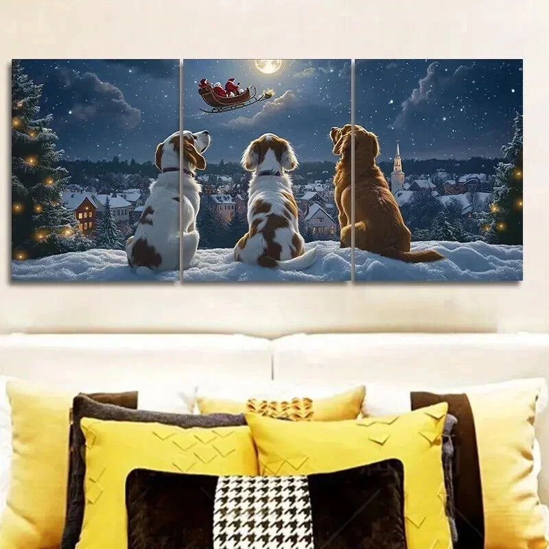 3pcs Santa Claus Dog Wall Art Set - Framed Canvas 50x70cm - High Quality Print - 100% Australian Made - Ready to Hang - Perfect for Living Room, Bedroom & Office Decor