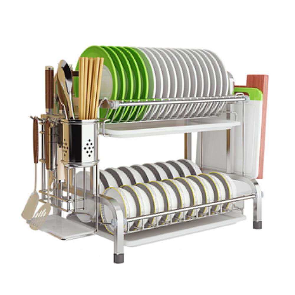 Premium 2-Tier Stainless Steel Dish Drying Rack with Utensil Holder & Cutting Board Storage - Space-Saving Kitchen Counter Organizer (16.7
