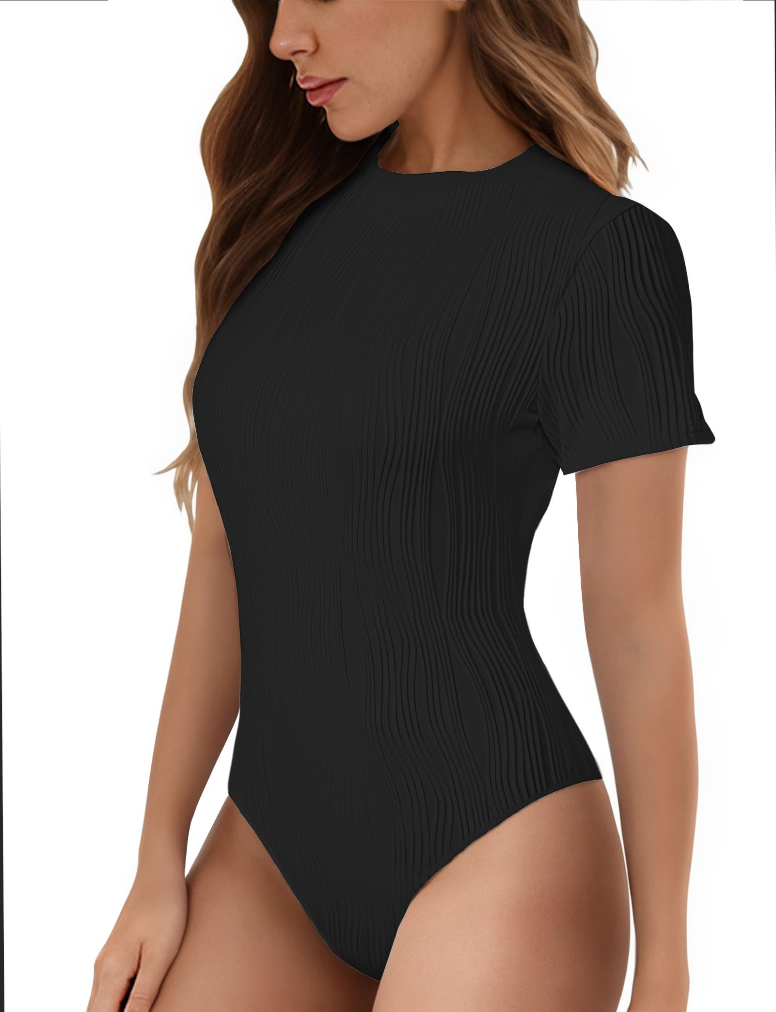 Women's Textured Fitted Bodysuit - Crewneck Short Sleeve Blouse | Sexy Summer Basic Tee for Work & Casual Outfits | Perfect for Office Wear, Date Nights & Summer Fashion 2024