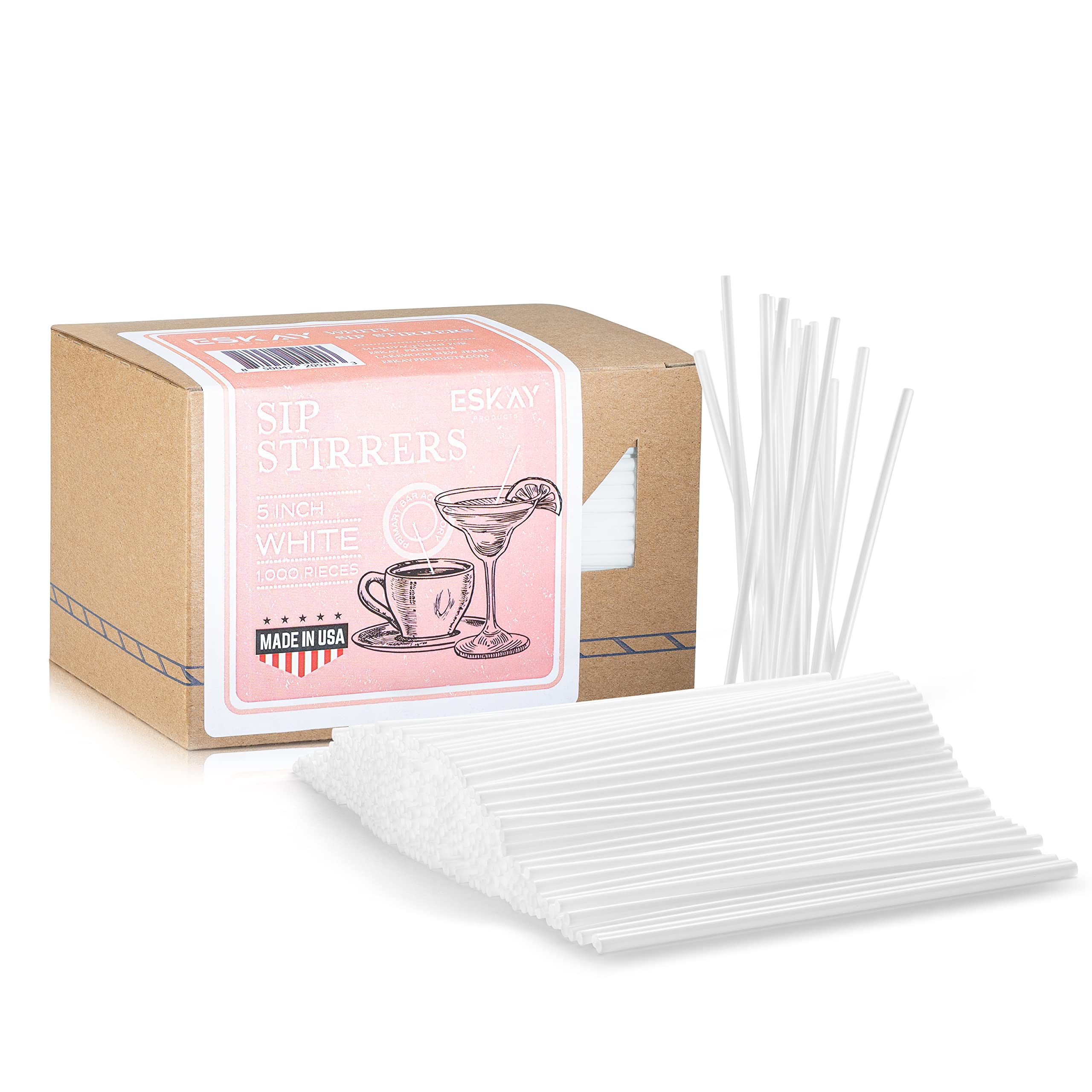 1000 White 5-Inch Plastic Coffee Stirrers & Cocktail Straws - Disposable Stir Sticks for Coffee Bars, Restaurants, and Home Use - Made in USA (Perfect for Iced Coffee, Tea, Smoothies, and Beverage Mixing)